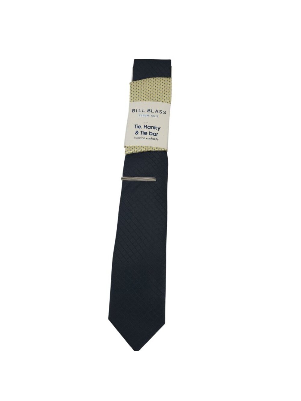 Bill Blass Essentials Tie Hanky & Tie Bar Set Black With Subtle Check Pattern